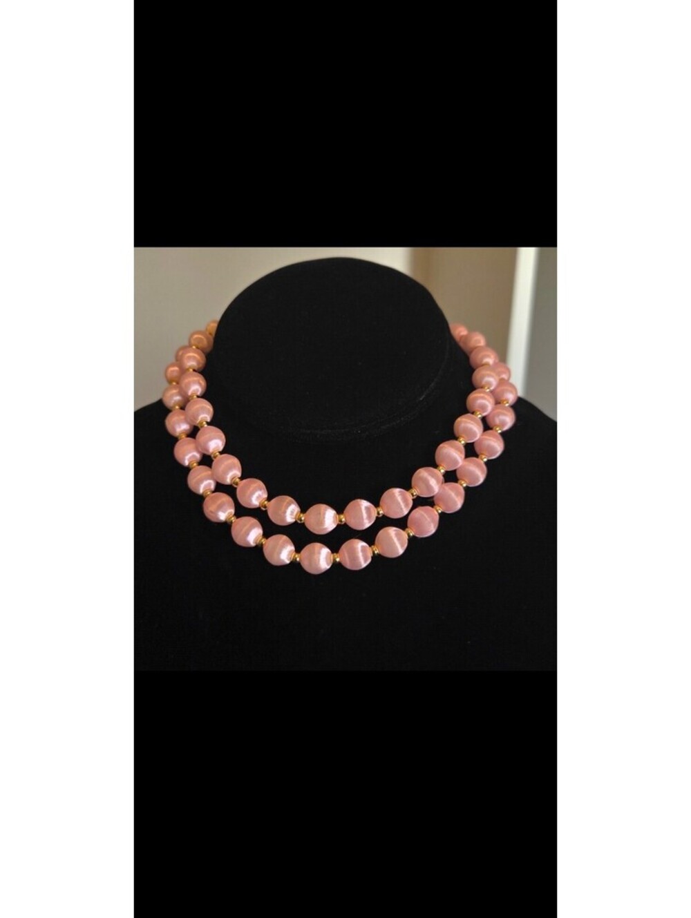 Vintage Pink Satin Ball Necklace with gold tone separator beads